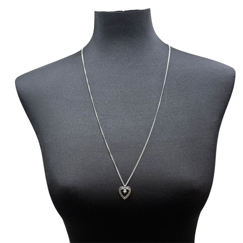 Silver Tone Heart Pendant Necklace with Clear Rhinestone Center Accent 30" Chain